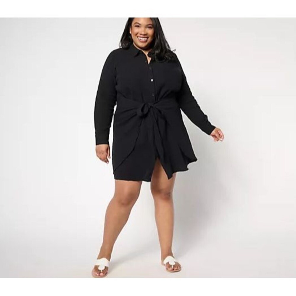 Belle Beach Kim Gravel Shirt Dress Womens 1X Black Gauze Tie Front Coverup